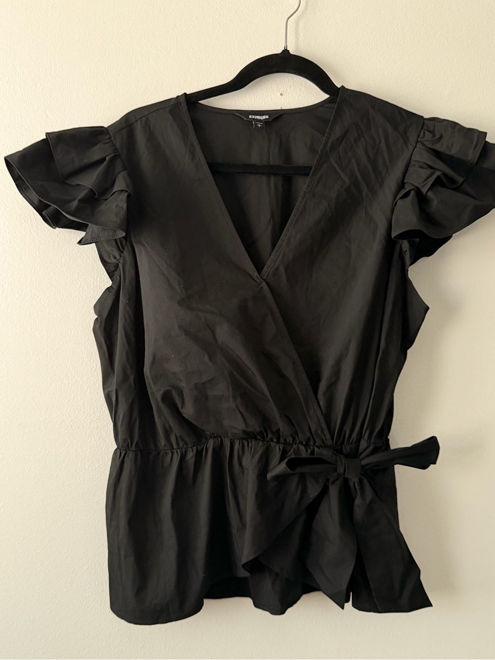 Express Black Wrap Top Ruffle Sleeve Peplum Blouse L